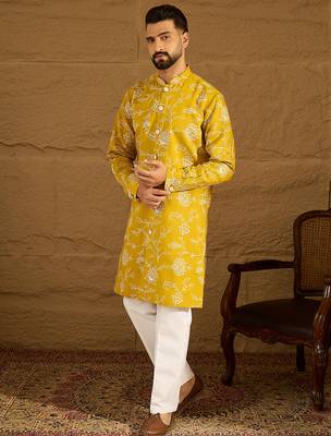 Men yellow viscose rayon solid embroidered straight kurta with trouser 3