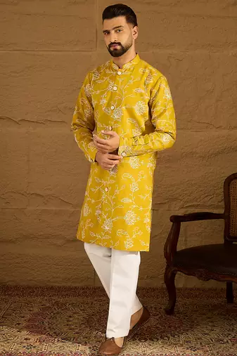 Men yellow viscose rayon solid embroidered straight kurta with trouser