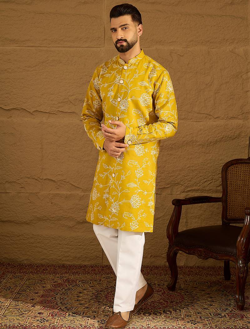Men yellow viscose rayon solid embroidered straight kurta with trouser