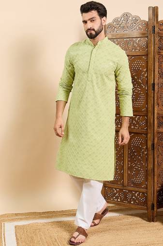 Mens green viscose rayon solid embroidered ethnic straight chikankari kurta