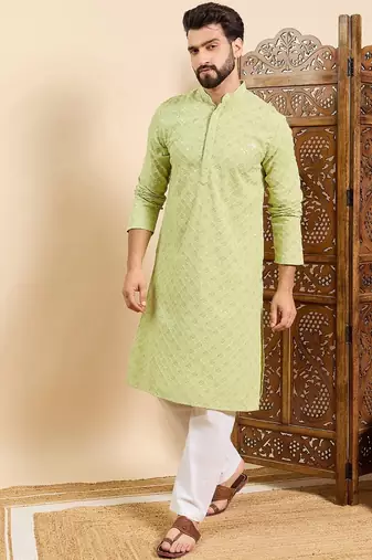 Mens green viscose rayon solid embroidered ethnic straight chikankari kurta
