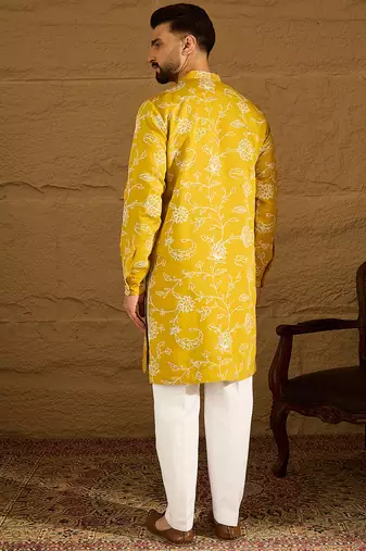 Men yellow viscose rayon solid embroidered straight kurta with trouser