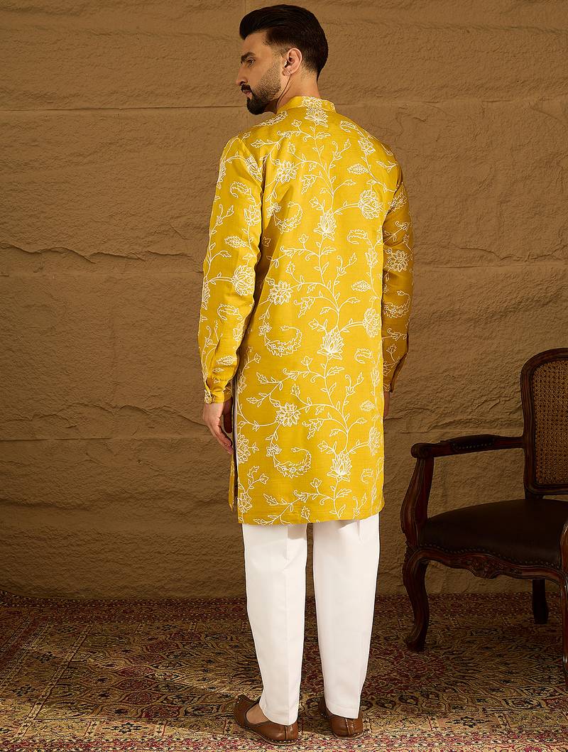 Men yellow viscose rayon solid embroidered straight kurta with trouser