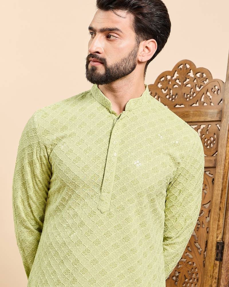 Mens green viscose rayon solid embroidered ethnic straight chikankari kurta