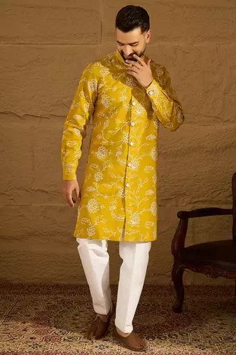 Men yellow viscose rayon solid embroidered straight kurta with trouser