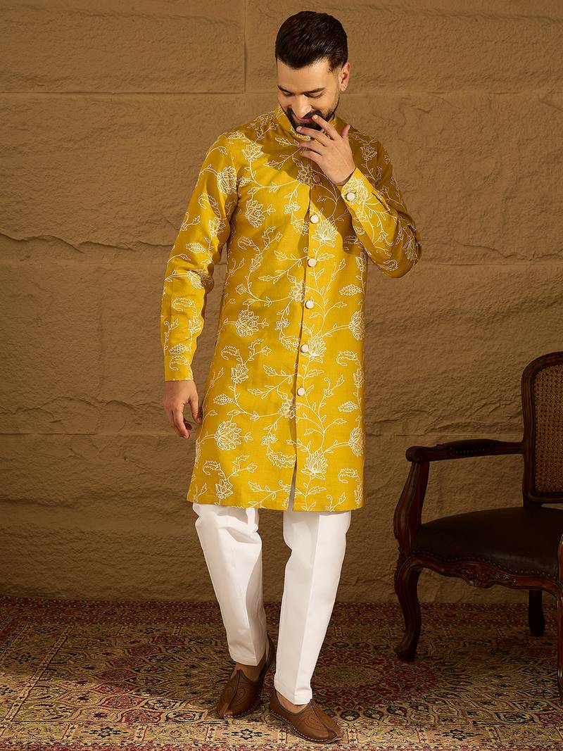 Men yellow viscose rayon solid embroidered straight kurta with trouser