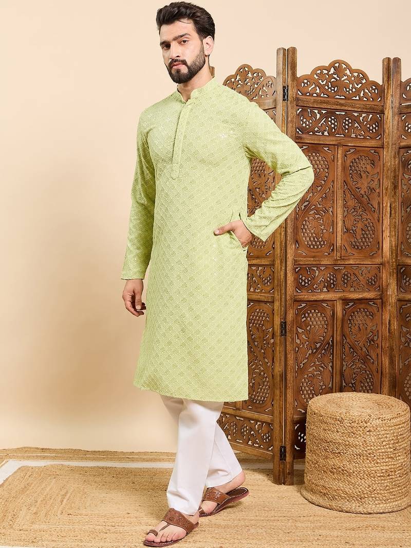 Mens green viscose rayon solid embroidered ethnic straight chikankari kurta