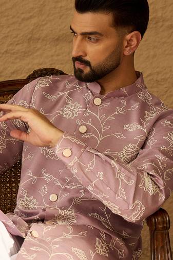 Men lavender viscose rayon solid embroidered straight kurta with trouser