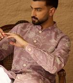 Men lavender viscose rayon solid embroidered straight kurta with trouser