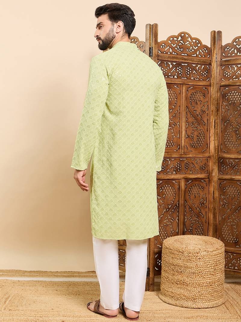 Mens green viscose rayon solid embroidered ethnic straight chikankari kurta