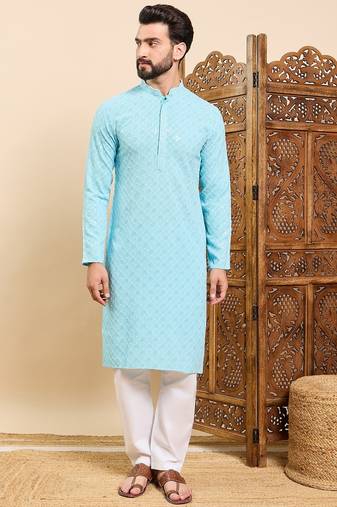 Mens turquoise blue viscose rayon solid embroidered ethnic straight chikankari kurta