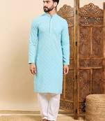 Mens turquoise blue viscose rayon solid embroidered ethnic straight chikankari kurta