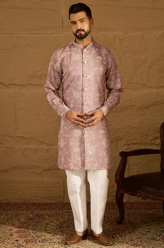 Men lavender viscose rayon solid embroidered straight kurta with trouser
