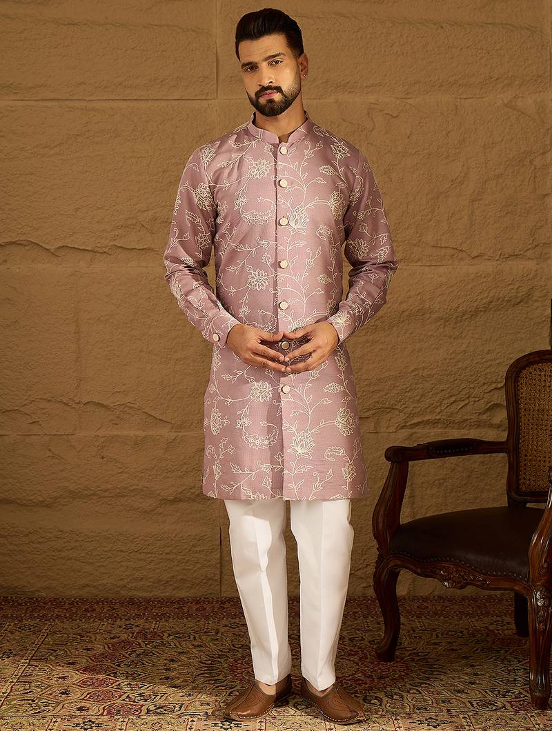 Men lavender viscose rayon solid embroidered straight kurta with trouser