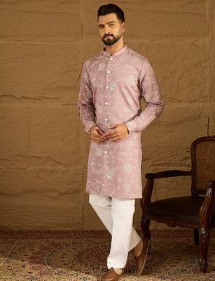 Men lavender viscose rayon solid embroidered straight kurta with trouser 3