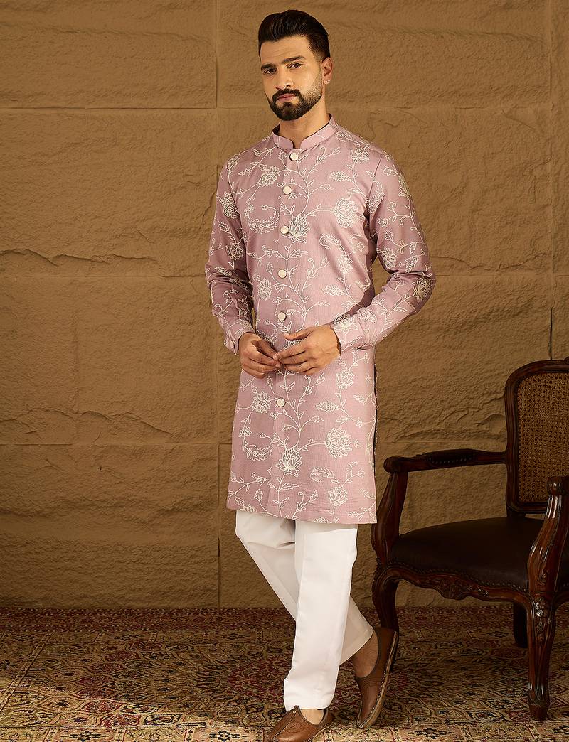 Men lavender viscose rayon solid embroidered straight kurta with trouser