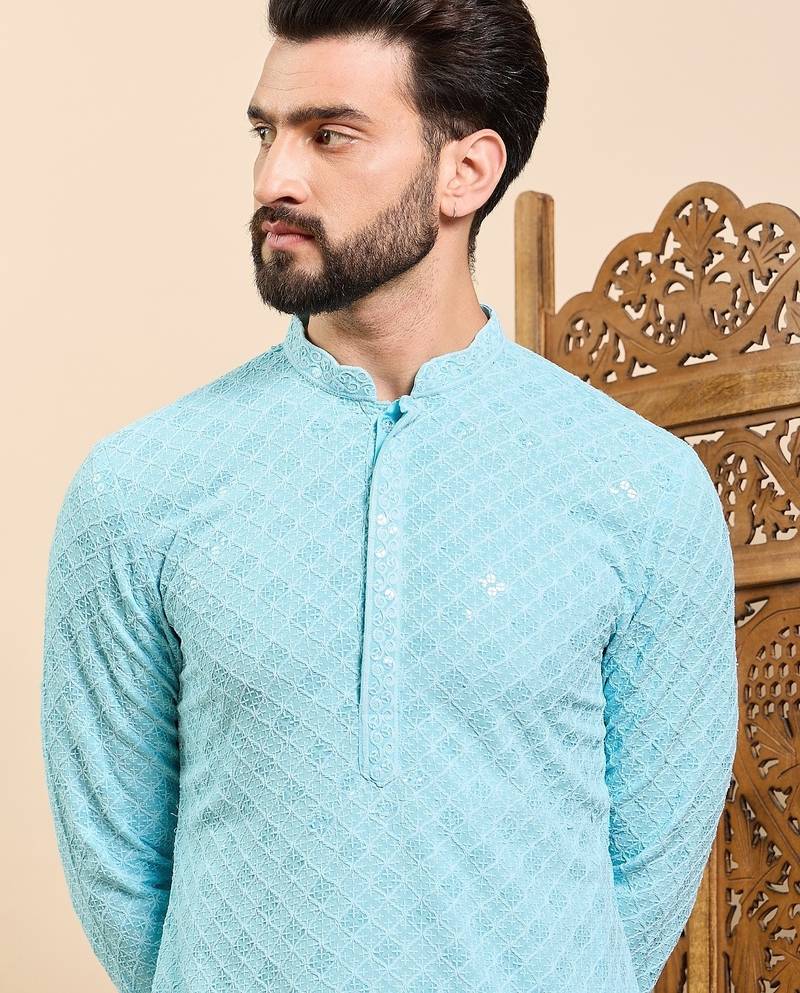 Mens turquoise blue viscose rayon solid embroidered ethnic straight chikankari kurta