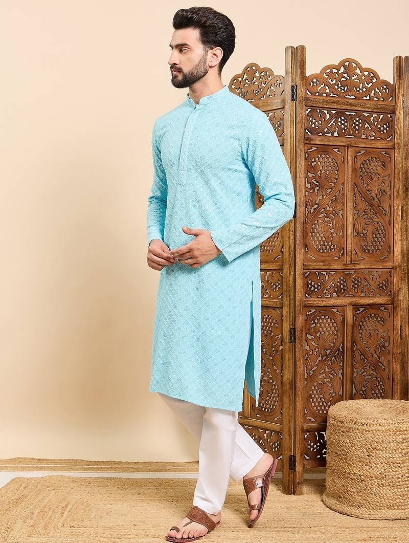 Mens turquoise blue viscose rayon solid embroidered ethnic straight chikankari kurta