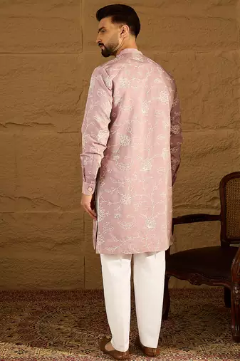 Men lavender viscose rayon solid embroidered straight kurta with trouser