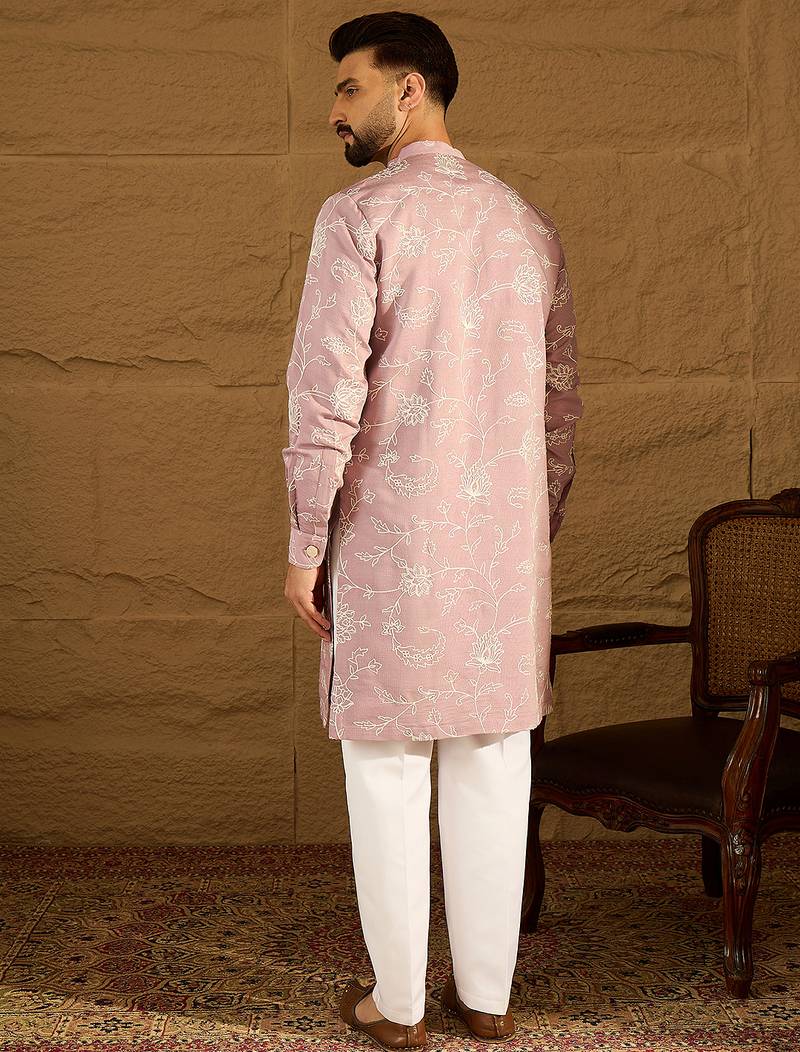 Men lavender viscose rayon solid embroidered straight kurta with trouser
