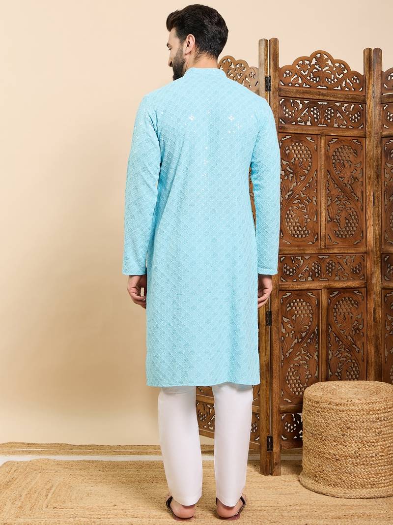 Mens turquoise blue viscose rayon solid embroidered ethnic straight chikankari kurta