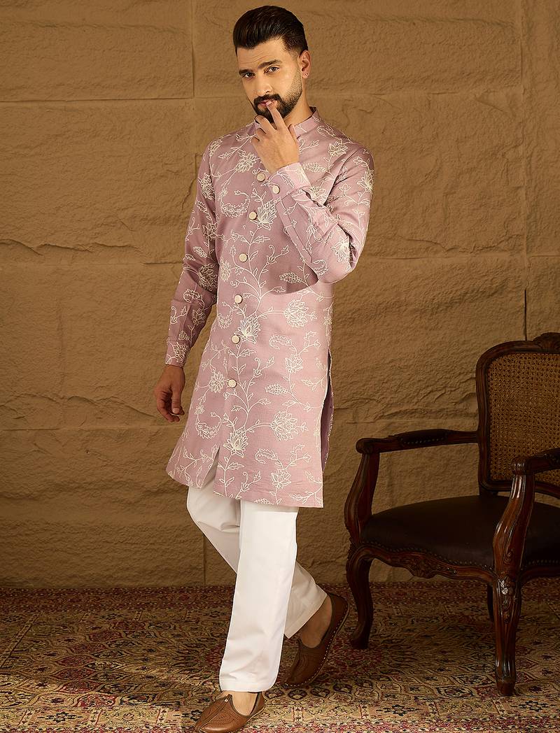 Men lavender viscose rayon solid embroidered straight kurta with trouser