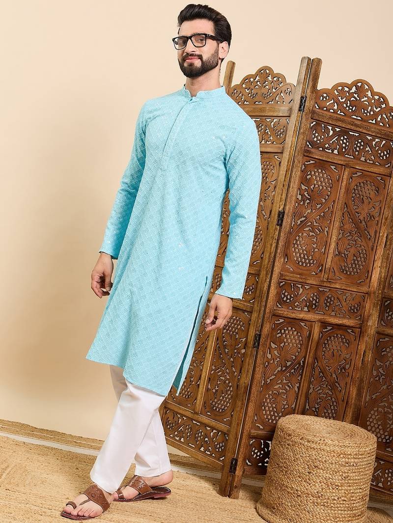 Mens turquoise blue viscose rayon solid embroidered ethnic straight chikankari kurta