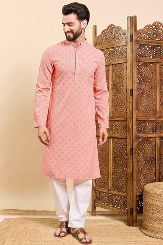 Mens peach viscose rayon solid embroidered ethnic straight chikankari kurta