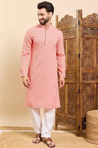 Mens peach viscose rayon solid embroidered ethnic straight chikankari kurta