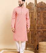 Mens peach viscose rayon solid embroidered ethnic straight chikankari kurta