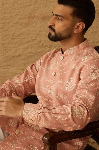 Men peach viscose rayon solid embroidered straight kurta with trouser