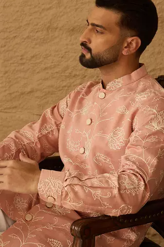 Men peach viscose rayon solid embroidered straight kurta with trouser