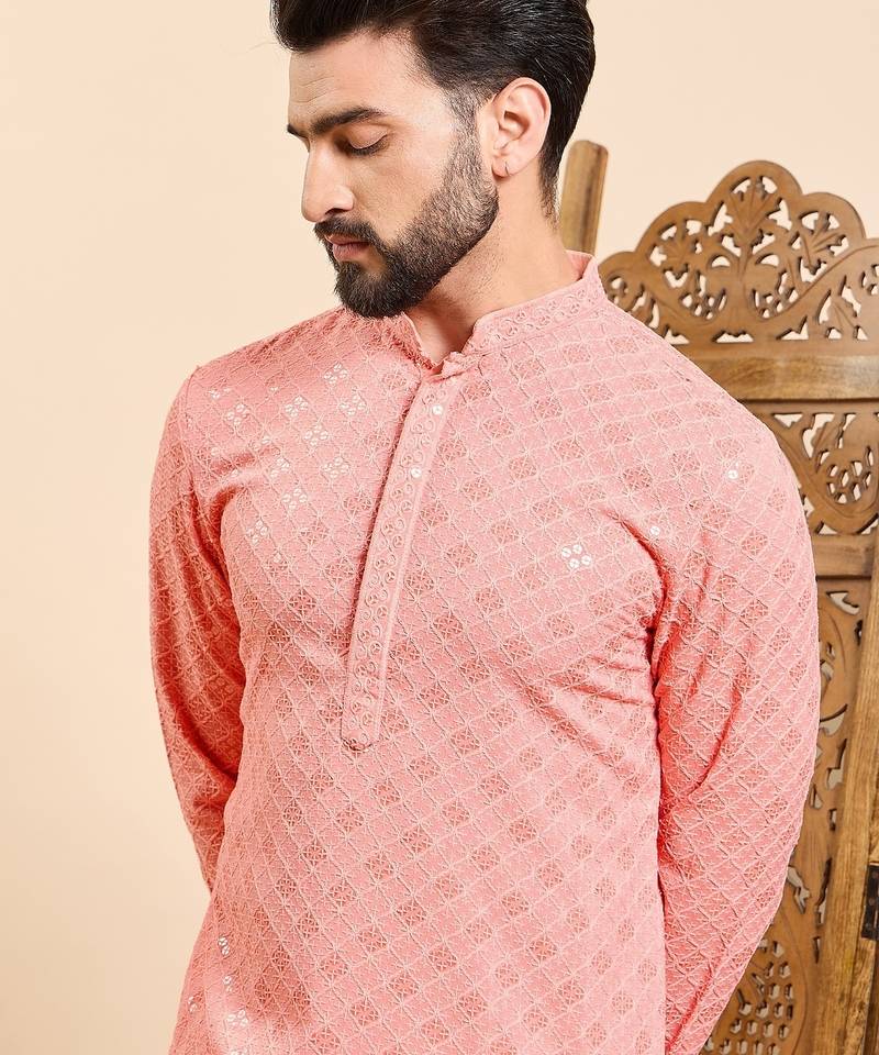 Mens peach viscose rayon solid embroidered ethnic straight chikankari kurta