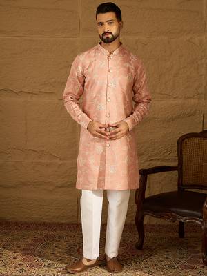 Men peach viscose rayon solid embroidered straight kurta with trouser 2