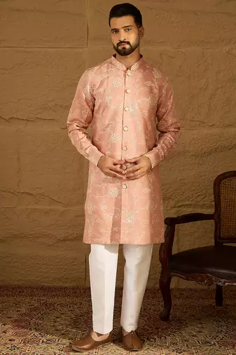 Men peach viscose rayon solid embroidered straight kurta with trouser