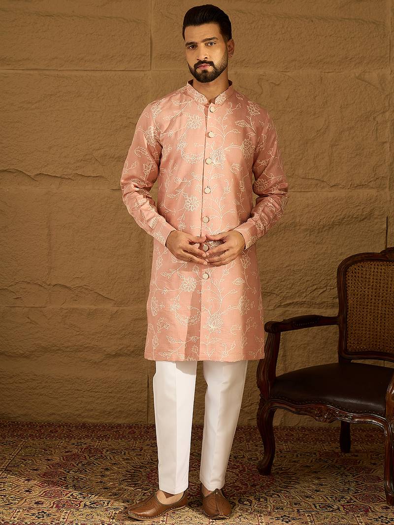 Men peach viscose rayon solid embroidered straight kurta with trouser