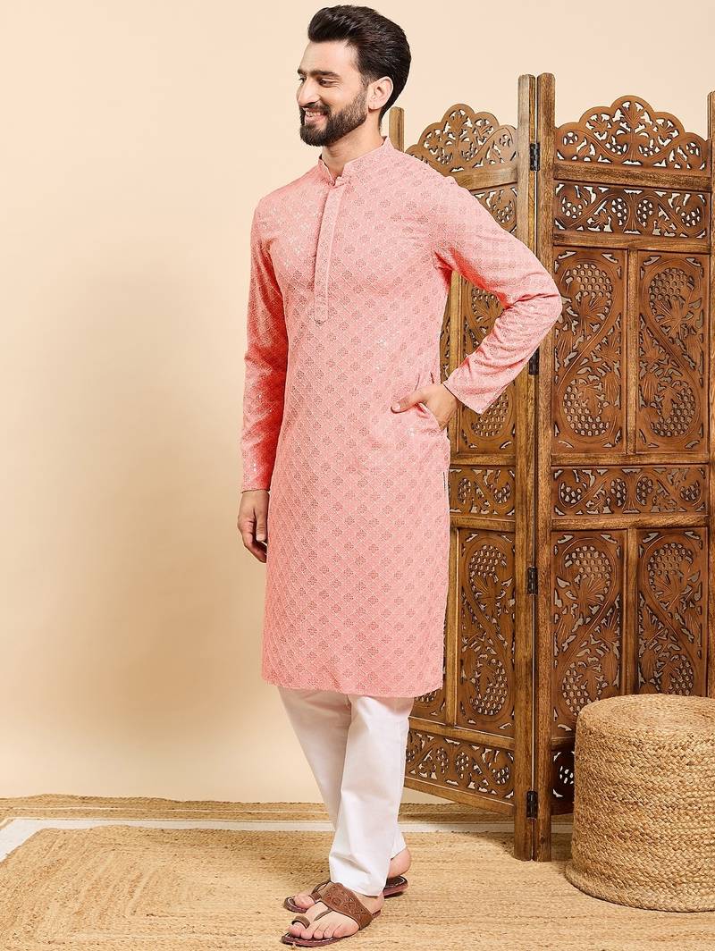 Mens peach viscose rayon solid embroidered ethnic straight chikankari kurta