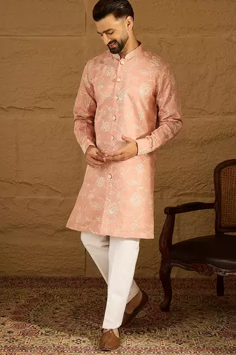 Men peach viscose rayon solid embroidered straight kurta with trouser