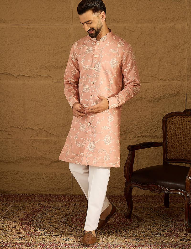 Men peach viscose rayon solid embroidered straight kurta with trouser