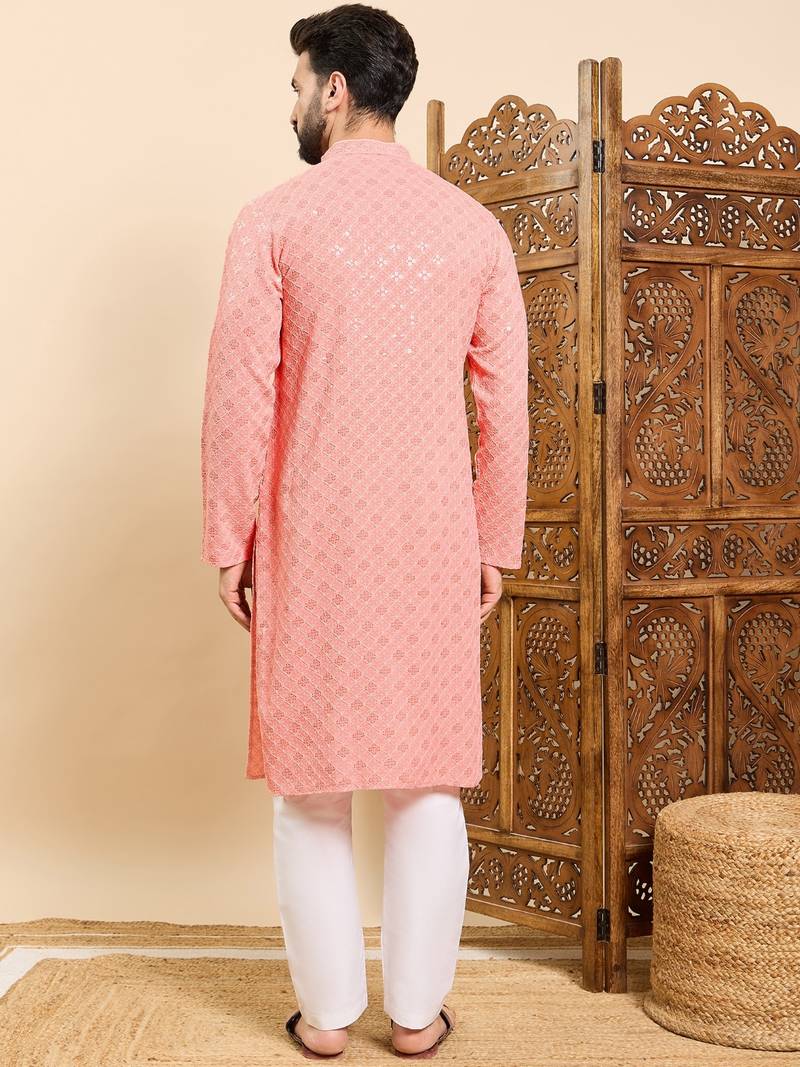 Mens peach viscose rayon solid embroidered ethnic straight chikankari kurta