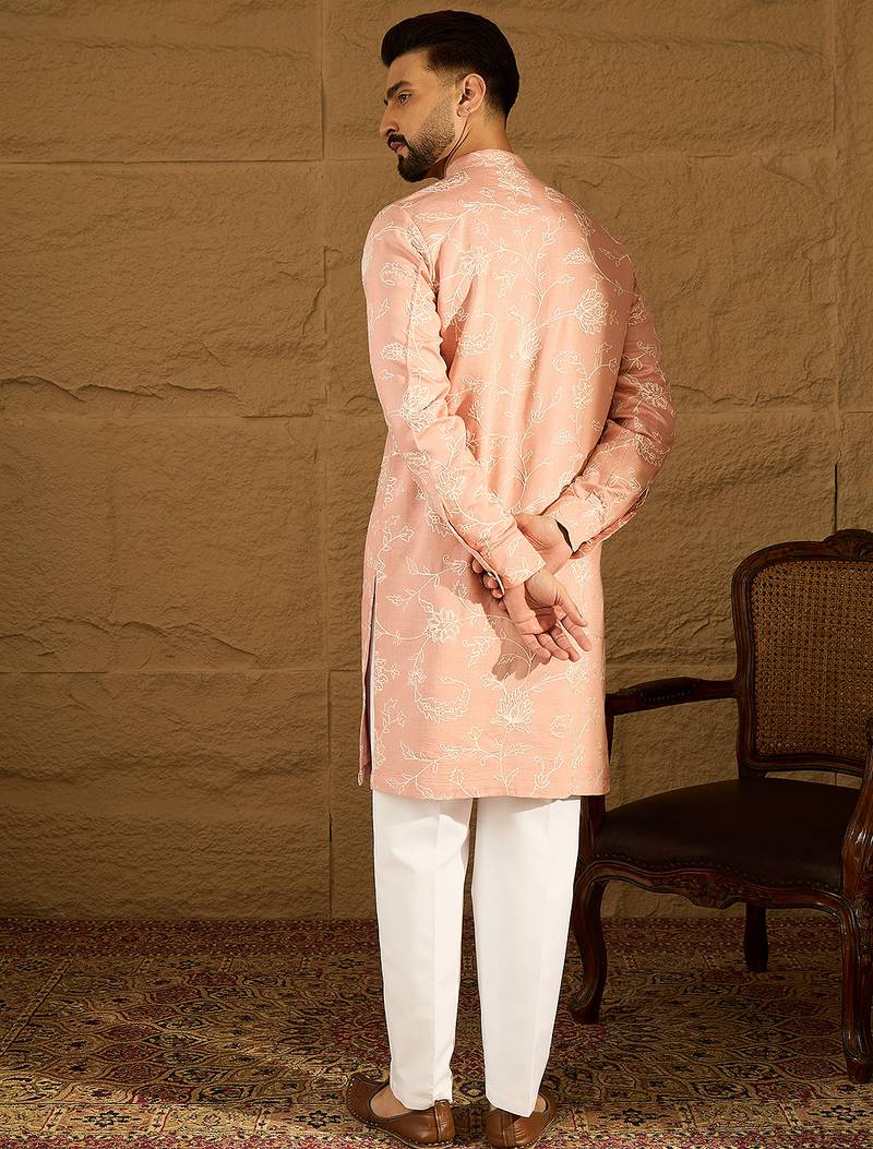 Men peach viscose rayon solid embroidered straight kurta with trouser