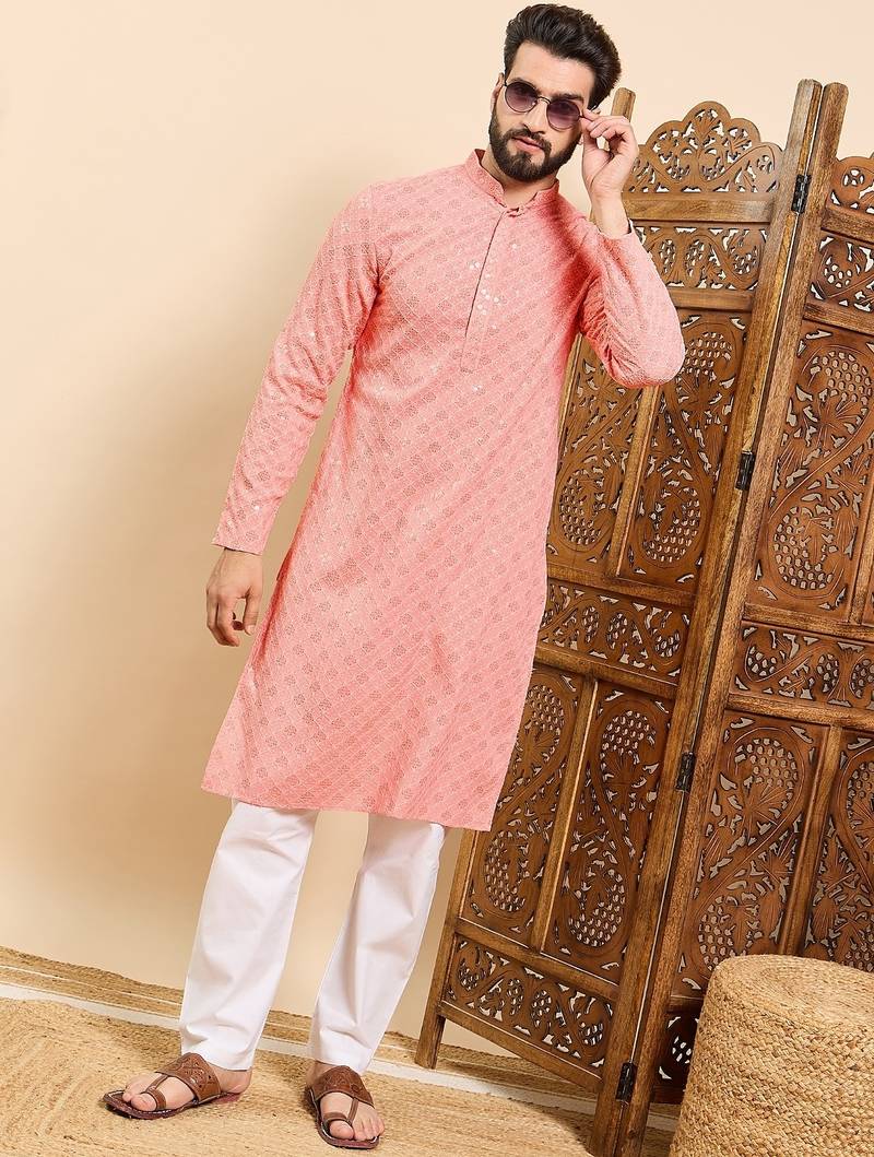 Mens peach viscose rayon solid embroidered ethnic straight chikankari kurta