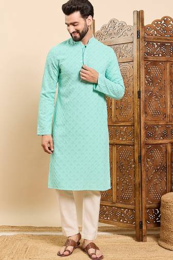 Mens sea green viscose rayon solid embroidered ethnic straight chikankari kurta