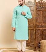 Mens sea green viscose rayon solid embroidered ethnic straight chikankari kurta