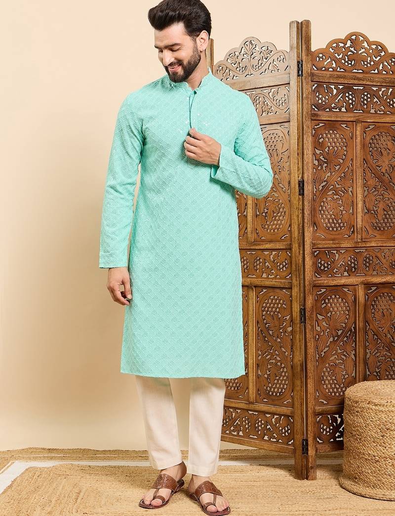 Mens sea green viscose rayon solid embroidered ethnic straight chikankari kurta
