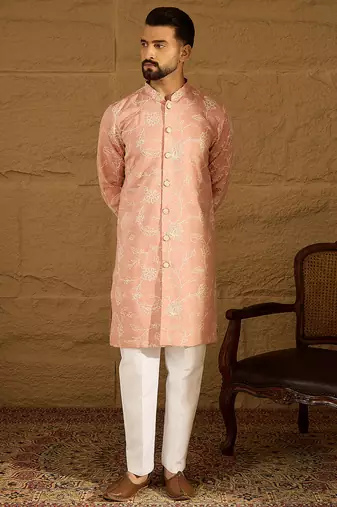 Men peach viscose rayon solid embroidered straight kurta with trouser