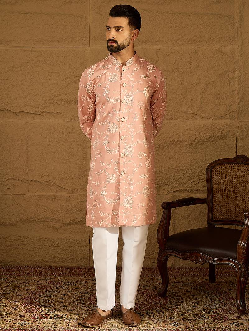 Men peach viscose rayon solid embroidered straight kurta with trouser