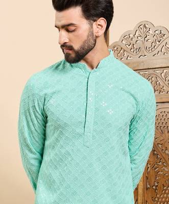 Mens sea green viscose rayon solid embroidered ethnic straight chikankari kurta 2