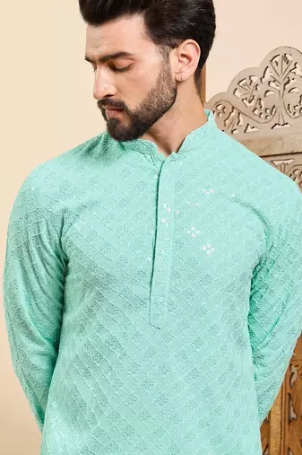 Mens sea green viscose rayon solid embroidered ethnic straight chikankari kurta