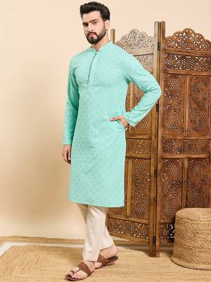 Mens sea green viscose rayon solid embroidered ethnic straight chikankari kurta 3